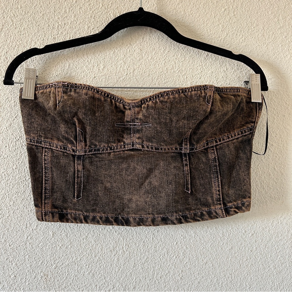 La Hearts women Denim Cropped Tube Top Small Brown Acid Wash Festival Bustier